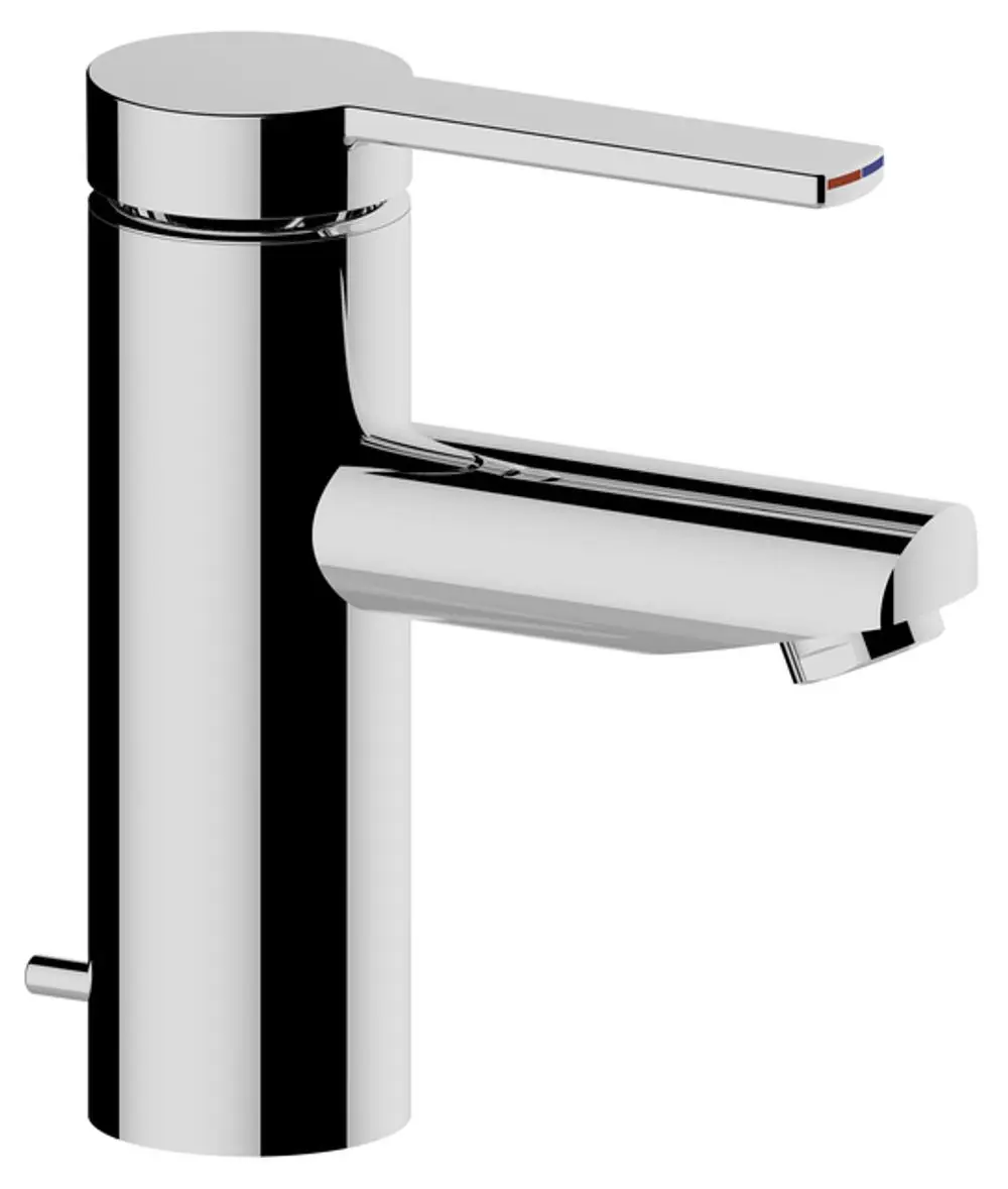 Verchromter Mischbatterie von Keuco mit verlängertem Griffhebel, zylindrischer Form und seitlichem Wasserregler in einem modernen Design.